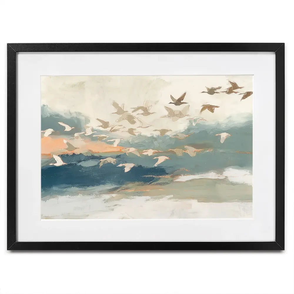 Birds In Flight At Dusk Over Open Water Framed Art Print Birds In Flight At Dusk Over Open Water Framed Art Print wall art product Chromatic Storm Studio