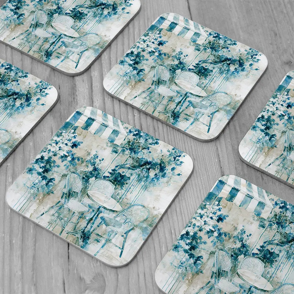Bistro Table Under Striped Awning Coaster Set Bistro Table Under Striped Awning Coaster Set wall art product Chromatic Storm Studio