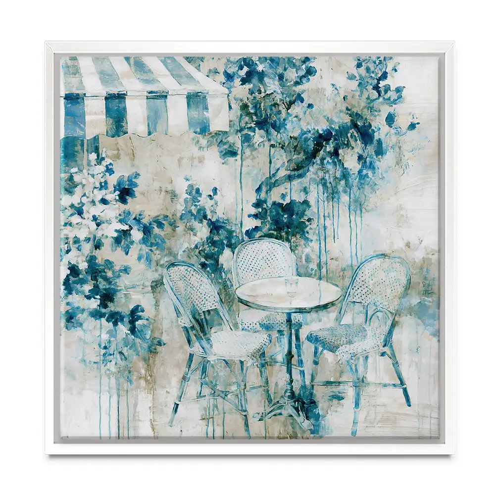 Bistro Table Under Striped Awning Square Canvas Print Bistro Table Under Striped Awning Square Canvas Print wall art product Chromatic Storm Studio