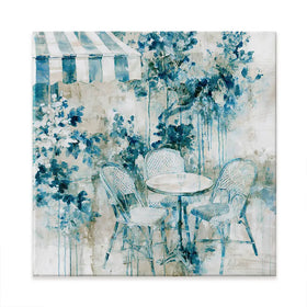 Bistro Table Under Striped Awning Square Canvas Print Bistro Table Under Striped Awning Square Canvas Print wall art product Chromatic Storm Studio