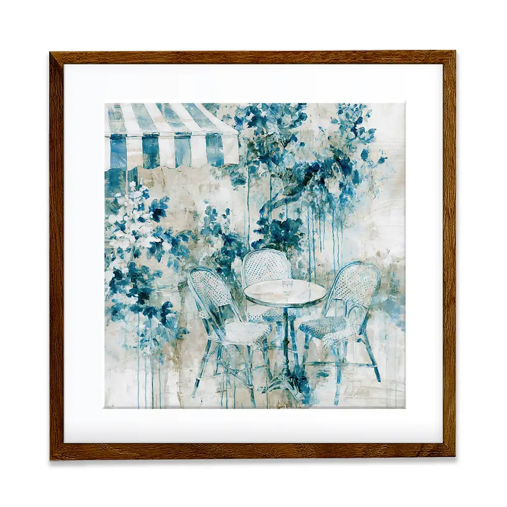 Bistro Table Under Striped Awning Square Framed Art Print Bistro Table Under Striped Awning Square Framed Art Print wall art product Chromatic Storm Studio