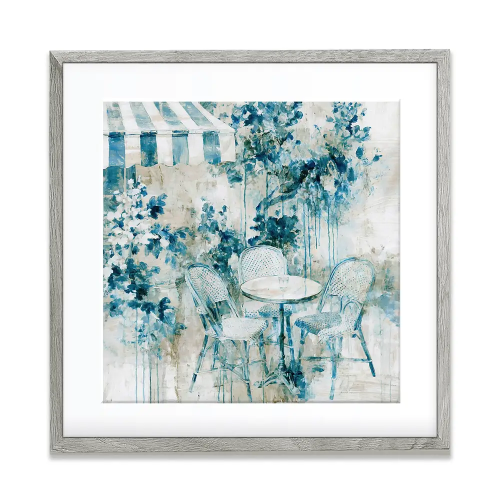 Bistro Table Under Striped Awning Square Framed Art Print Bistro Table Under Striped Awning Square Framed Art Print wall art product Chromatic Storm Studio