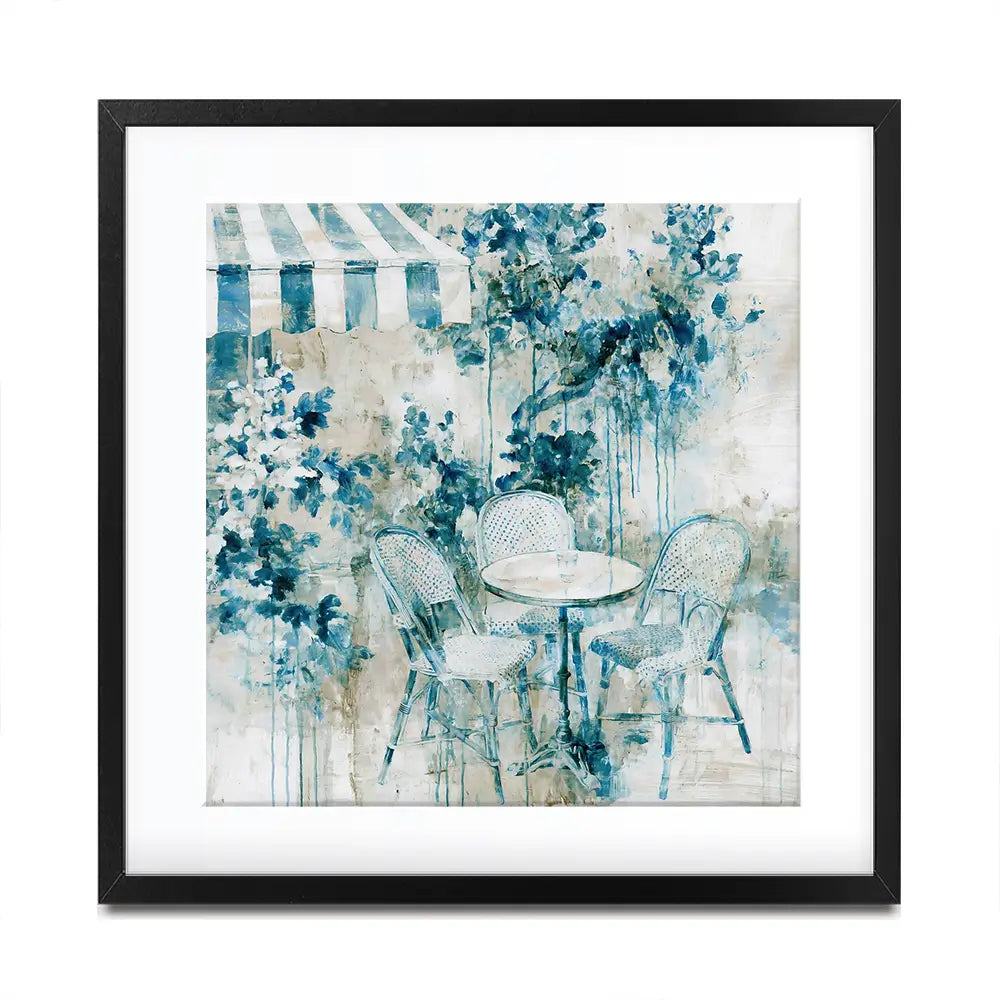 Bistro Table Under Striped Awning Square Framed Art Print Bistro Table Under Striped Awning Square Framed Art Print wall art product Chromatic Storm Studio