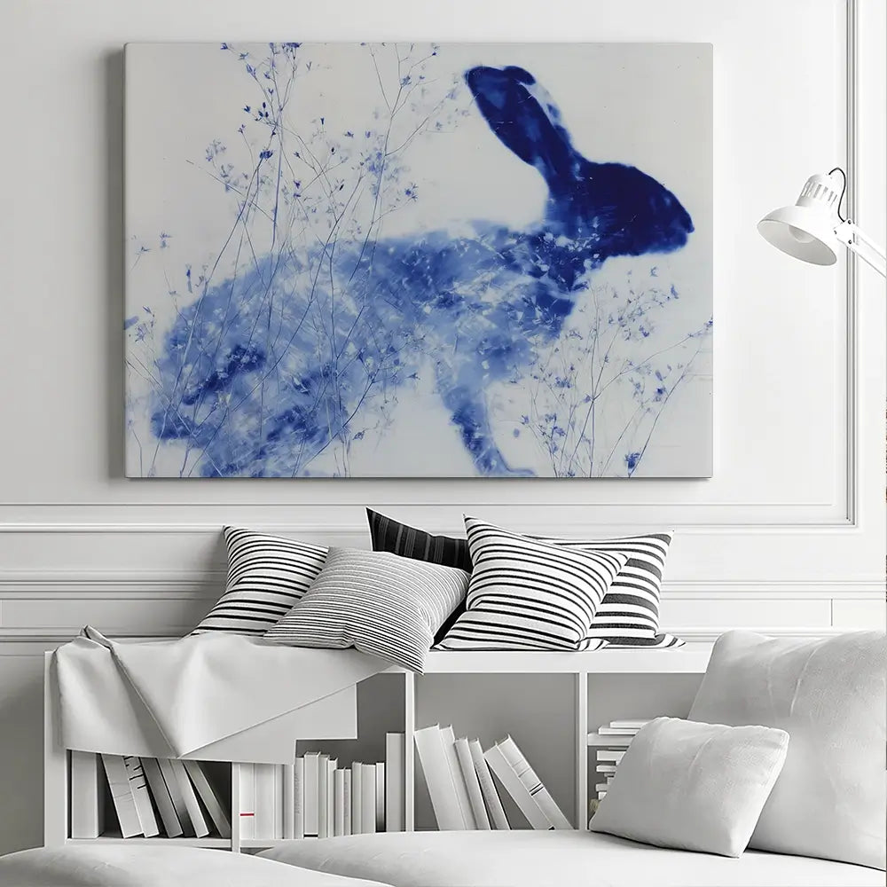 Blue Rabbit Silhouette With Wildflowers Canvas Print Blue Rabbit Silhouette With Wildflowers Canvas Print wall art product Chromatic Storm Studio