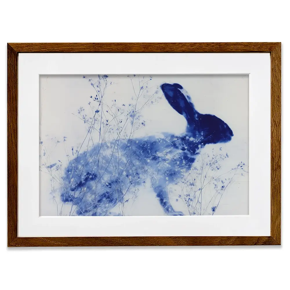 Blue Rabbit Silhouette With Wildflowers Framed Art Print Blue Rabbit Silhouette With Wildflowers Framed Art Print wall art product Chromatic Storm Studio