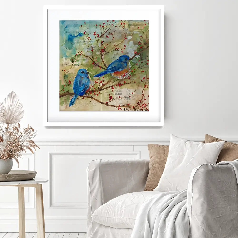 Bluebirds Love Square Framed Art Print Bluebirds Love Square Framed Art Print wall art product Tiffani Taylor - Independent