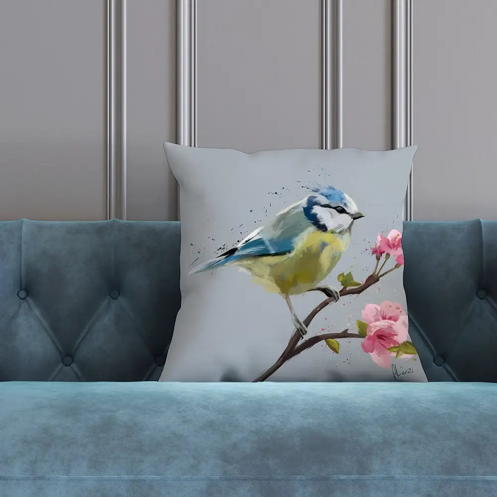 Bluetit And Flowers Cushion Bluetit And Flowers Cushion wall art product Aimee Linzi