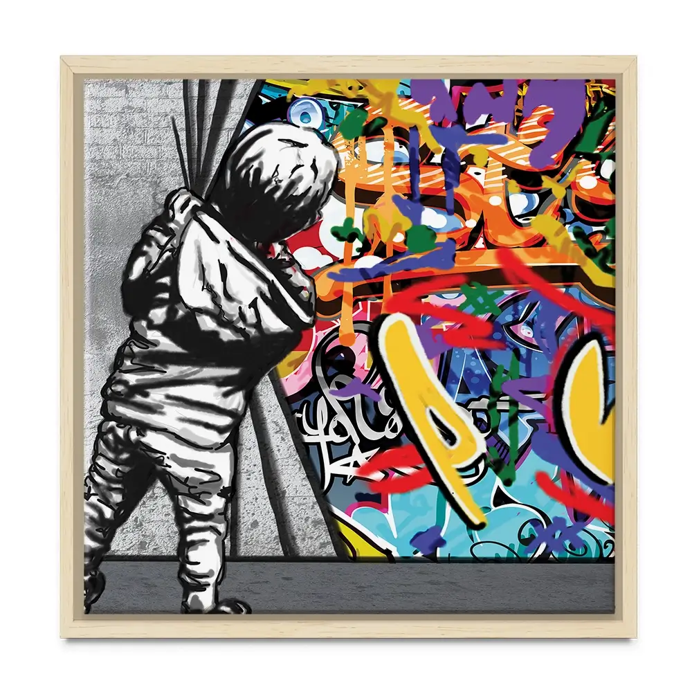 Boy Pulling Back The Curtain Square Canvas Print Boy Pulling Back The Curtain Square Canvas Print wall art product Banksy