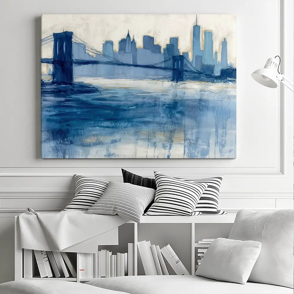 Bridge Skyline Indigo Wash Canvas Print Bridge Skyline Indigo Wash Canvas Print wall art product Chromatic Storm Studio