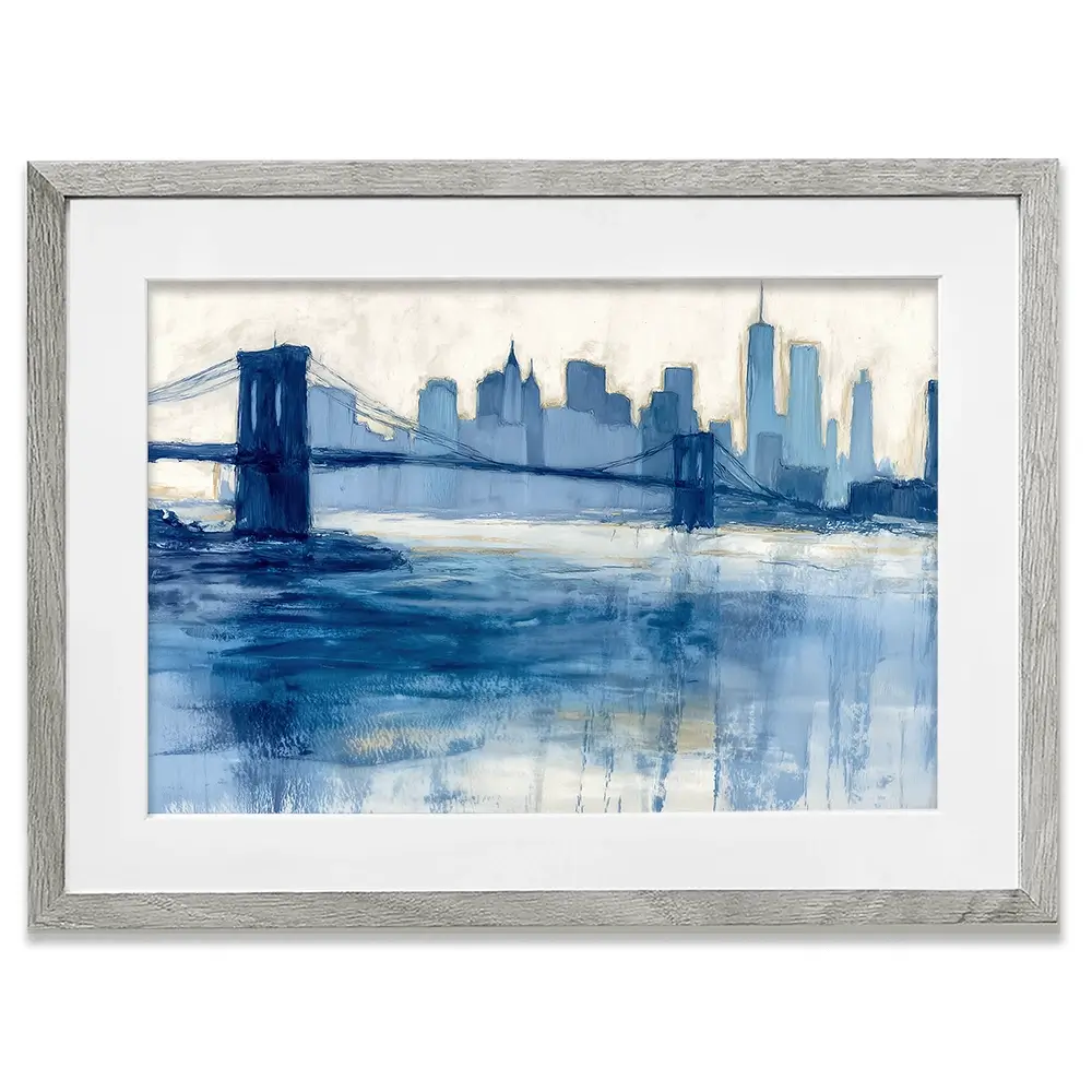 Bridge Skyline Indigo Wash Framed Art Print Bridge Skyline Indigo Wash Framed Art Print wall art product Chromatic Storm Studio