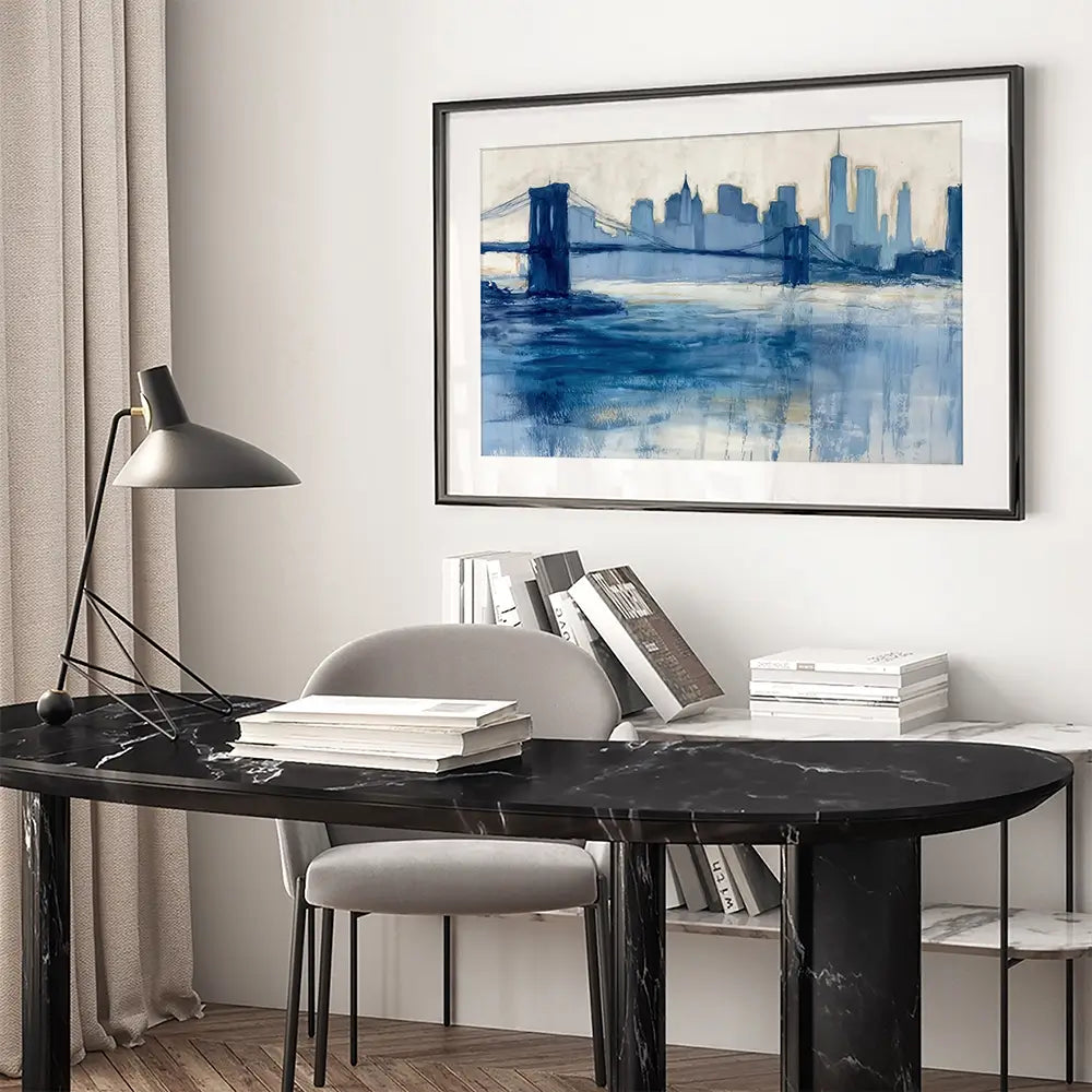 Bridge Skyline Indigo Wash Framed Art Print Bridge Skyline Indigo Wash Framed Art Print wall art product Chromatic Storm Studio