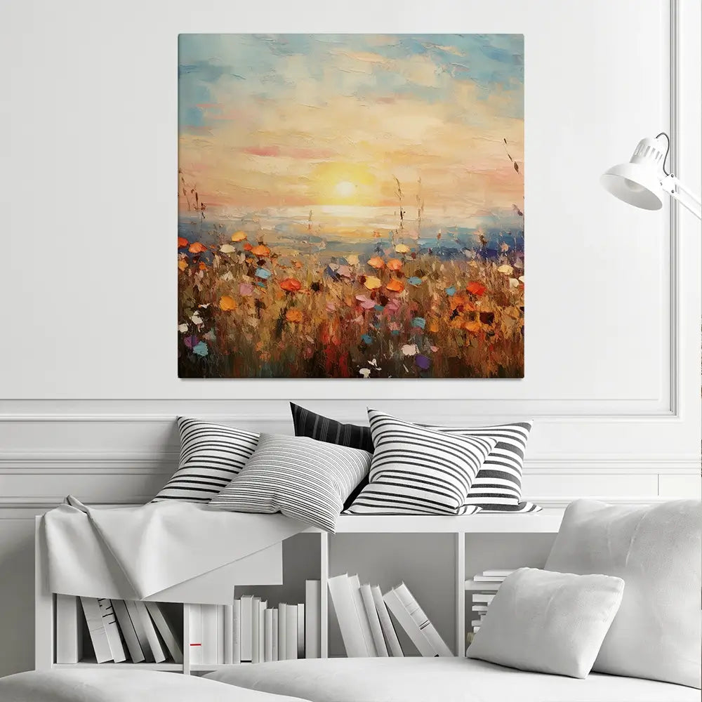 Bright Meadow Sunrise Square Canvas Print Bright Meadow Sunrise Square Canvas Print wall art product Art Print Shop