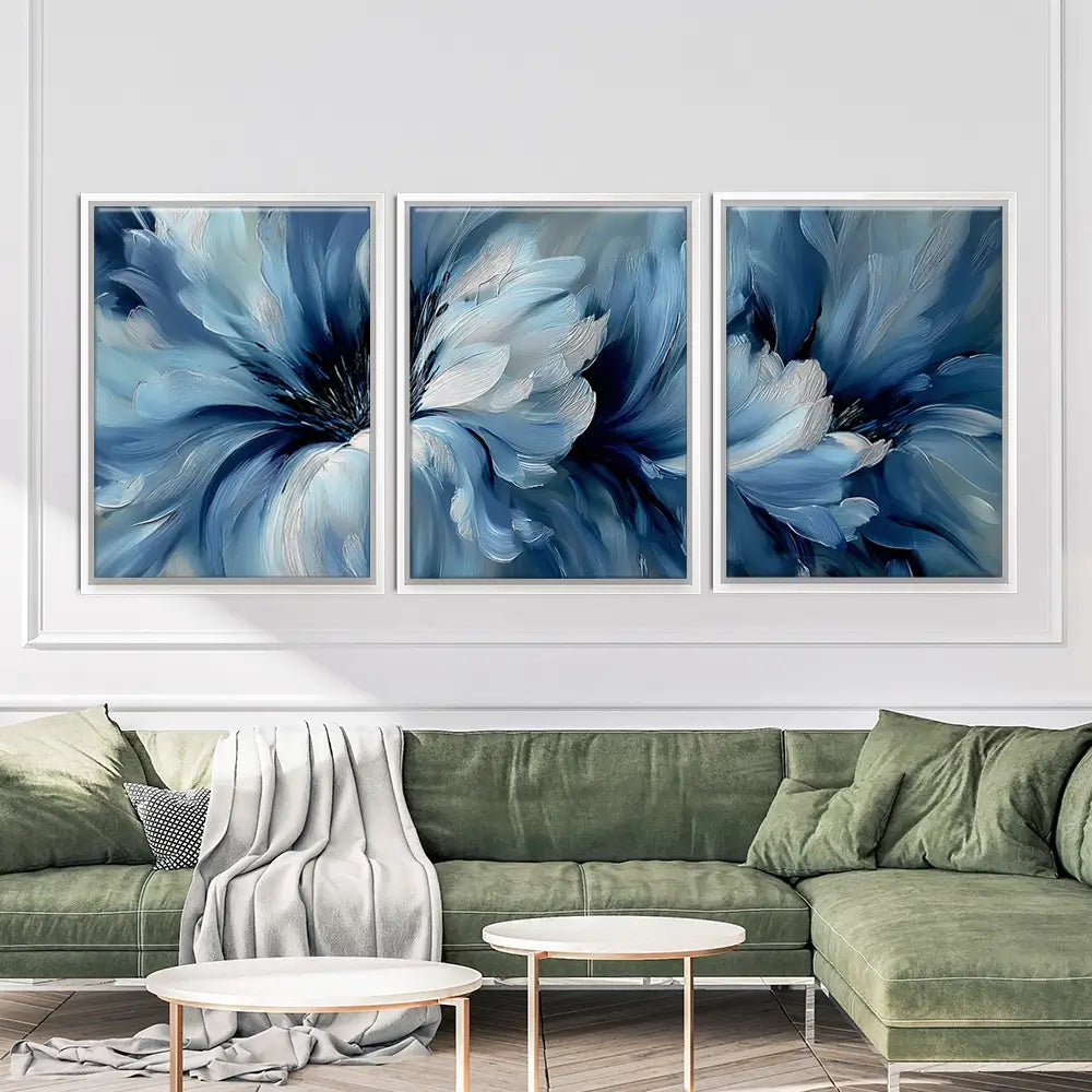 Brushed Blue Flowers Trio Canvas Print Brushed Blue Flowers Trio Canvas Print wall art product IAmHomeStudio