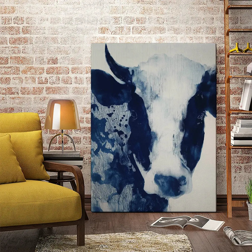 Calm Cow Portrait In Blue Canvas Print Calm Cow Portrait In Blue Canvas Print wall art product Chromatic Storm Studio