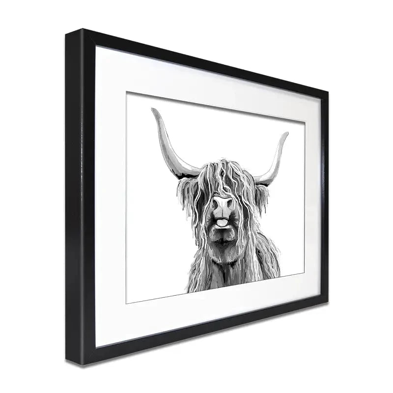 Cheeky Black And White Highland Cow Framed Art Print Cheeky Black And White Highland Cow Framed Art Print wall art product Independent