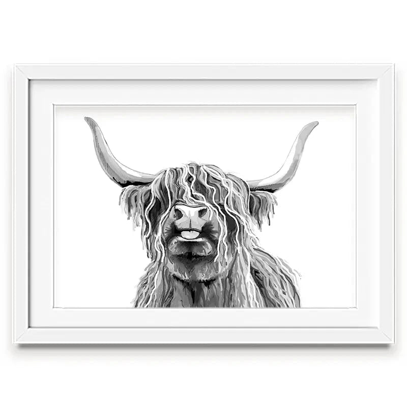 Cheeky Black And White Highland Cow Framed Art Print Cheeky Black And White Highland Cow Framed Art Print wall art product Independent
