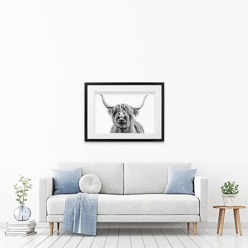 Cheeky Black And White Highland Cow Framed Art Print Cheeky Black And White Highland Cow Framed Art Print wall art product Independent