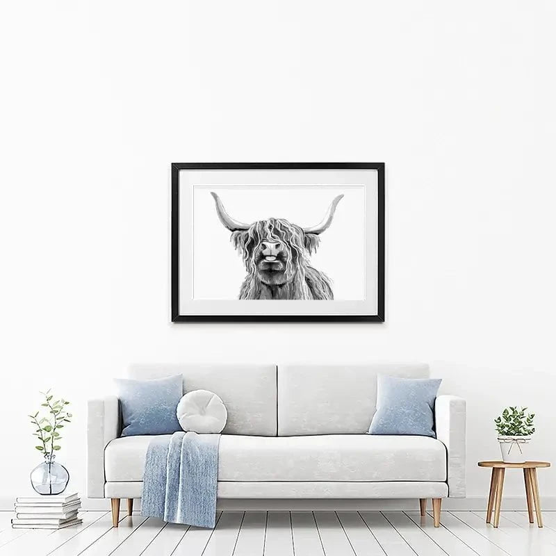 Cheeky Black And White Highland Cow Framed Art Print Cheeky Black And White Highland Cow Framed Art Print wall art product Independent