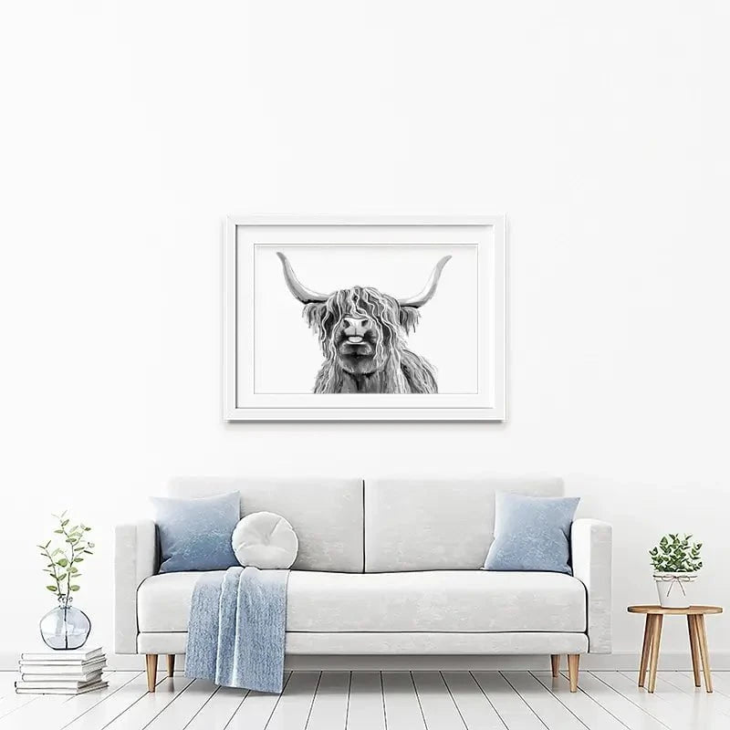 Cheeky Black And White Highland Cow Framed Art Print Cheeky Black And White Highland Cow Framed Art Print wall art product Independent