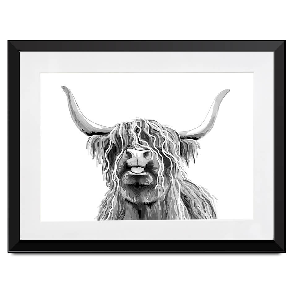 Cheeky Black And White Highland Cow Framed Art Print Cheeky Black And White Highland Cow Framed Art Print wall art product Independent