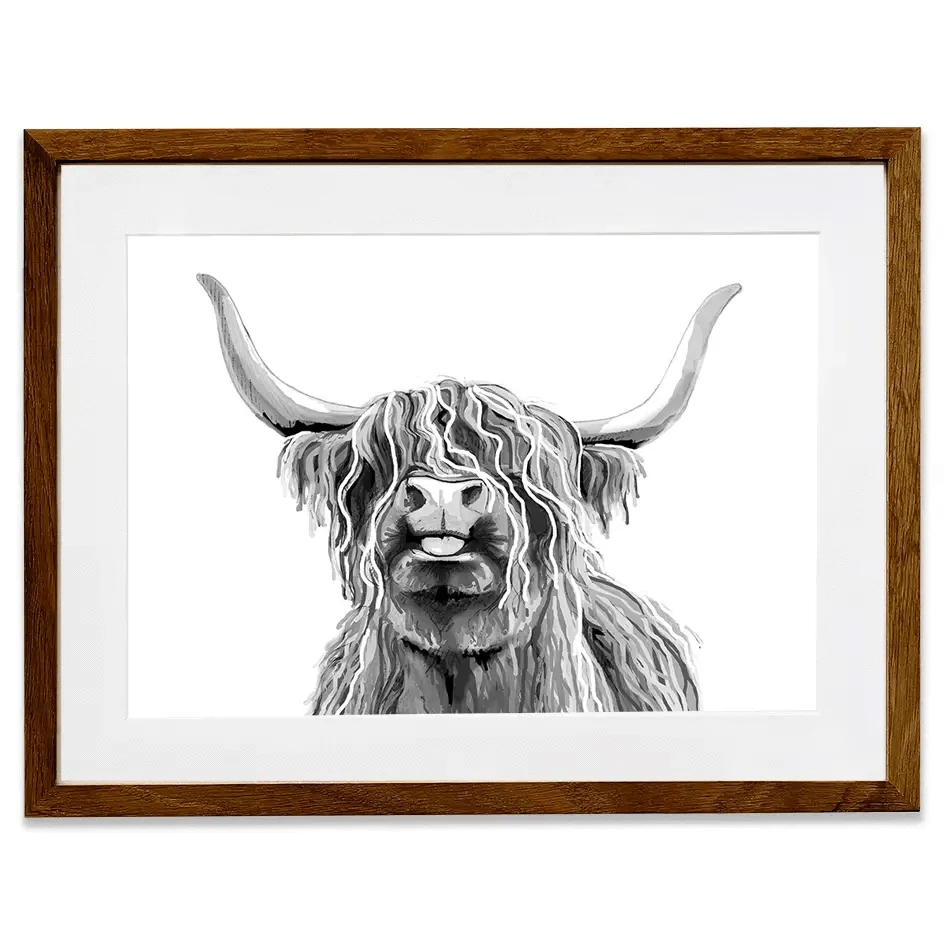 Cheeky Black And White Highland Cow Framed Art Print Cheeky Black And White Highland Cow Framed Art Print wall art product Independent