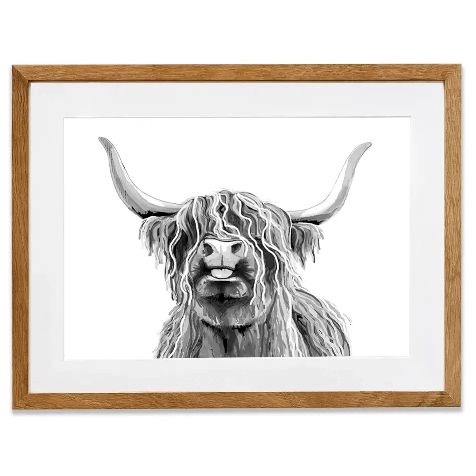 Cheeky Black And White Highland Cow Framed Art Print Cheeky Black And White Highland Cow Framed Art Print wall art product Independent
