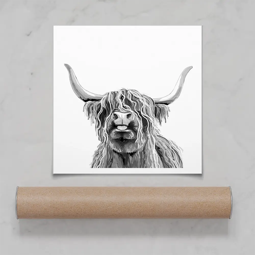 Cheeky Black And White Highland Cow Square Art Print Cheeky Black And White Highland Cow Square Art Print wall art product Art Print Shop