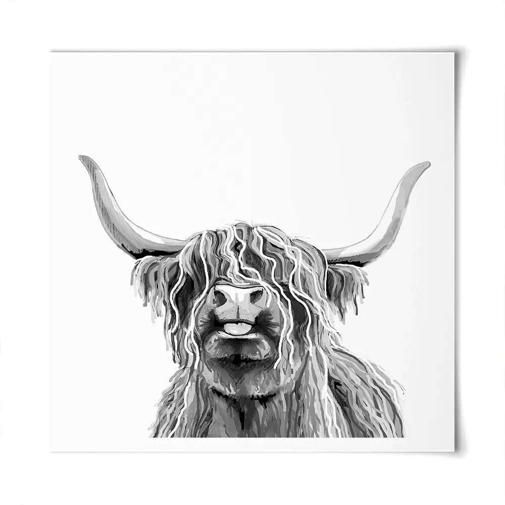 Cheeky Black And White Highland Cow Square Art Print Cheeky Black And White Highland Cow Square Art Print wall art product Art Print Shop