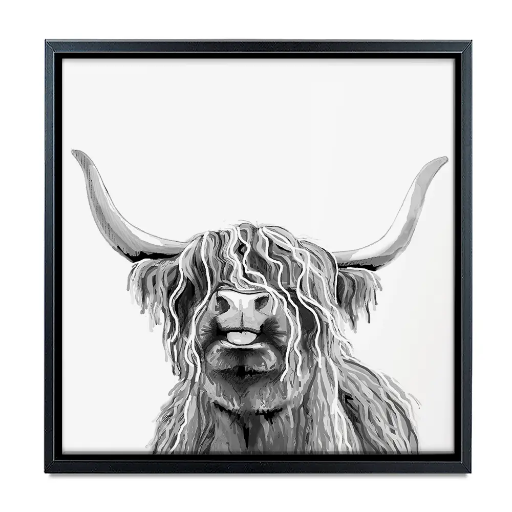 Cheeky Black And White Highland Cow Square Canvas Print Cheeky Black And White Highland Cow Square Canvas Print wall art product Art Print Shop