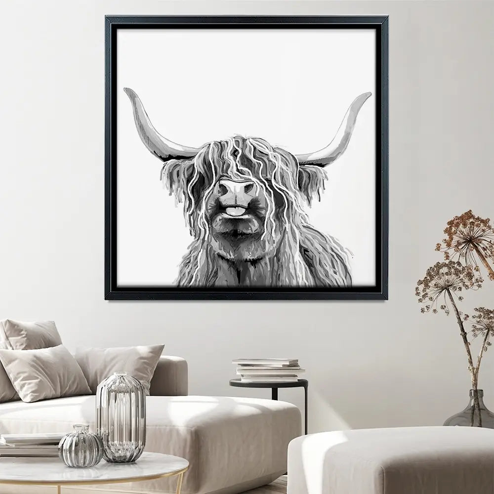 Cheeky Black And White Highland Cow Square Canvas Print Cheeky Black And White Highland Cow Square Canvas Print wall art product Art Print Shop