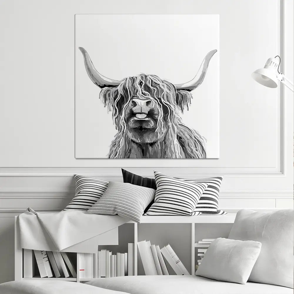 Cheeky Black And White Highland Cow Square Canvas Print Cheeky Black And White Highland Cow Square Canvas Print wall art product Art Print Shop