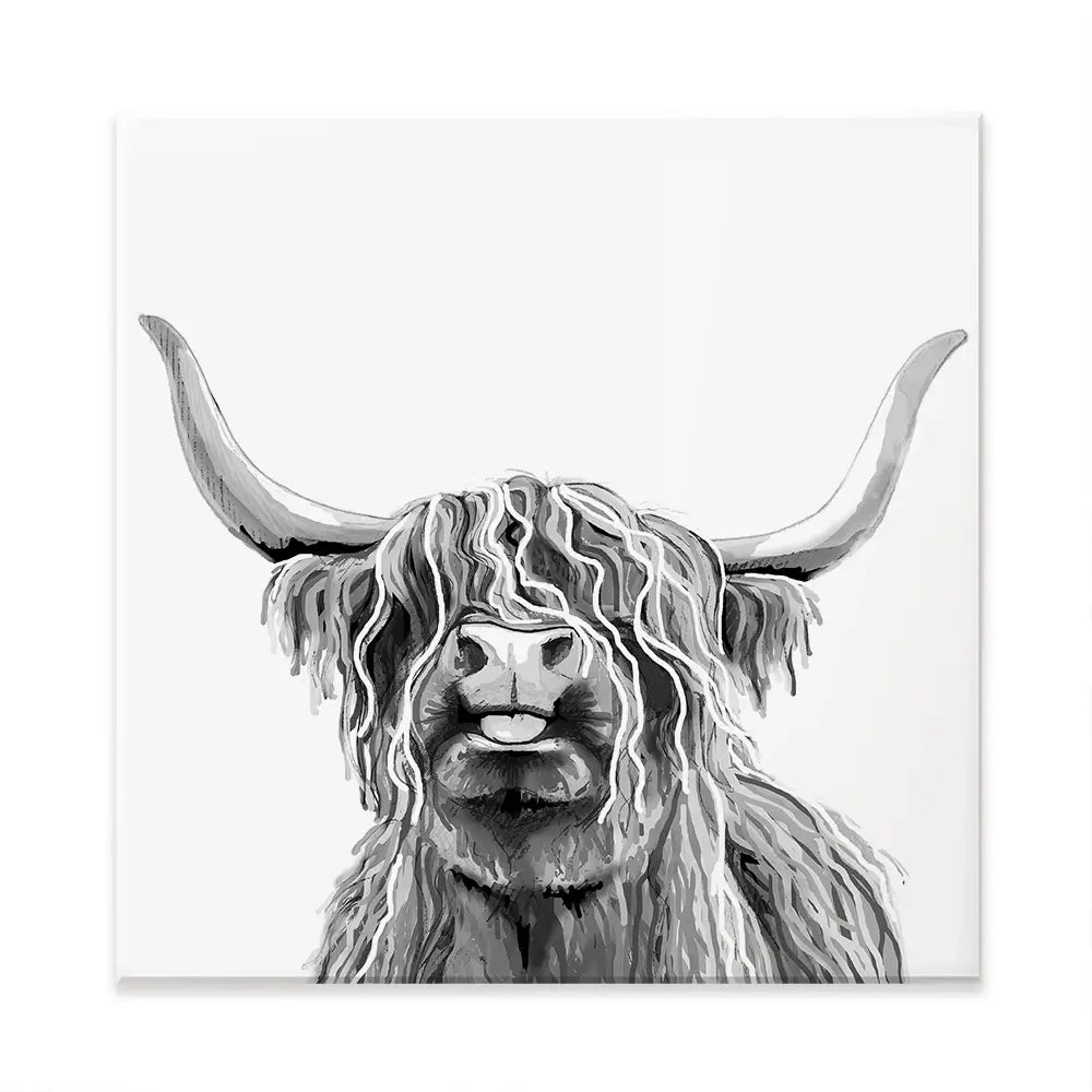Cheeky Black And White Highland Cow Square Canvas Print Cheeky Black And White Highland Cow Square Canvas Print wall art product Art Print Shop