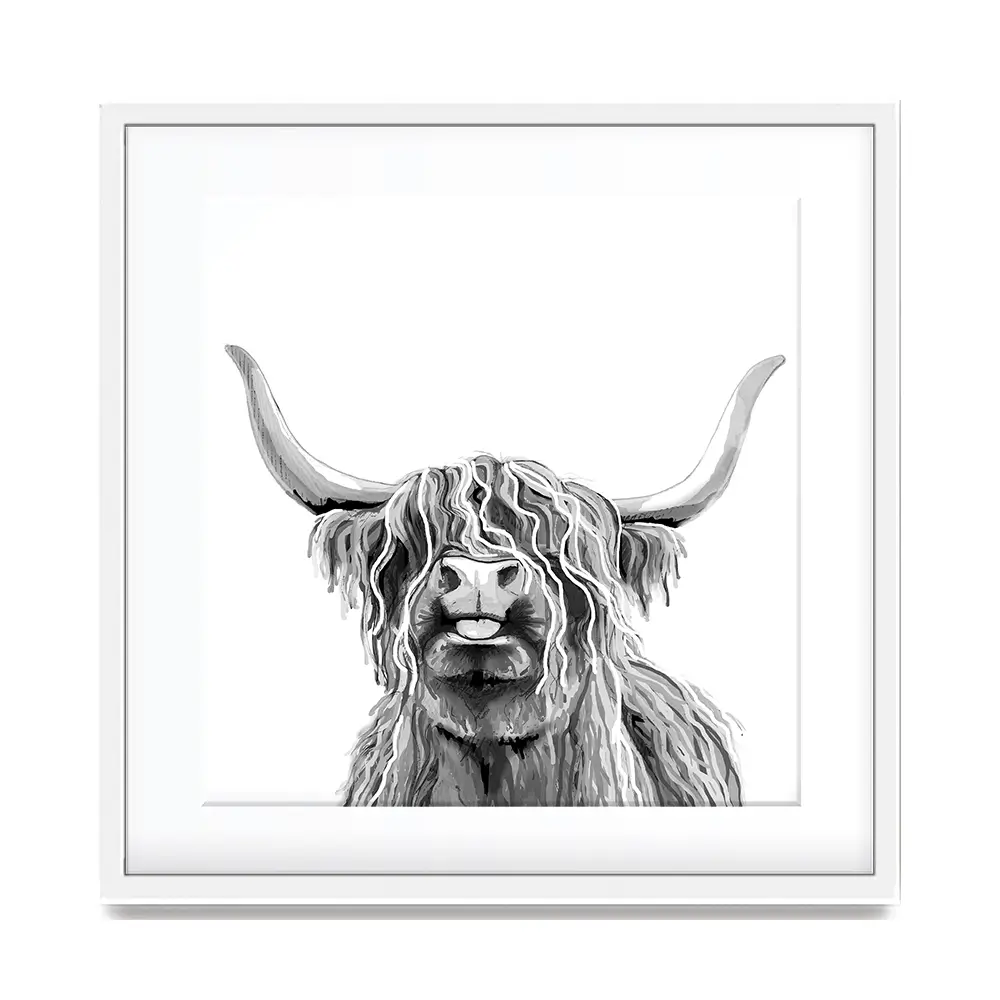 Cheeky Black And White Highland Cow Square Framed Art Print Cheeky Black And White Highland Cow Square Framed Art Print wall art product Art Print Shop