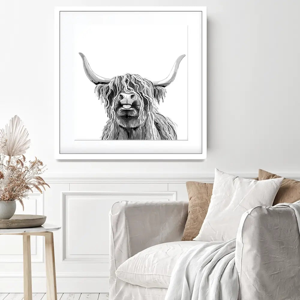 Cheeky Black And White Highland Cow Square Framed Art Print Cheeky Black And White Highland Cow Square Framed Art Print wall art product Art Print Shop