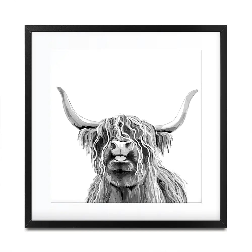 Cheeky Black And White Highland Cow Square Framed Art Print Cheeky Black And White Highland Cow Square Framed Art Print wall art product Art Print Shop