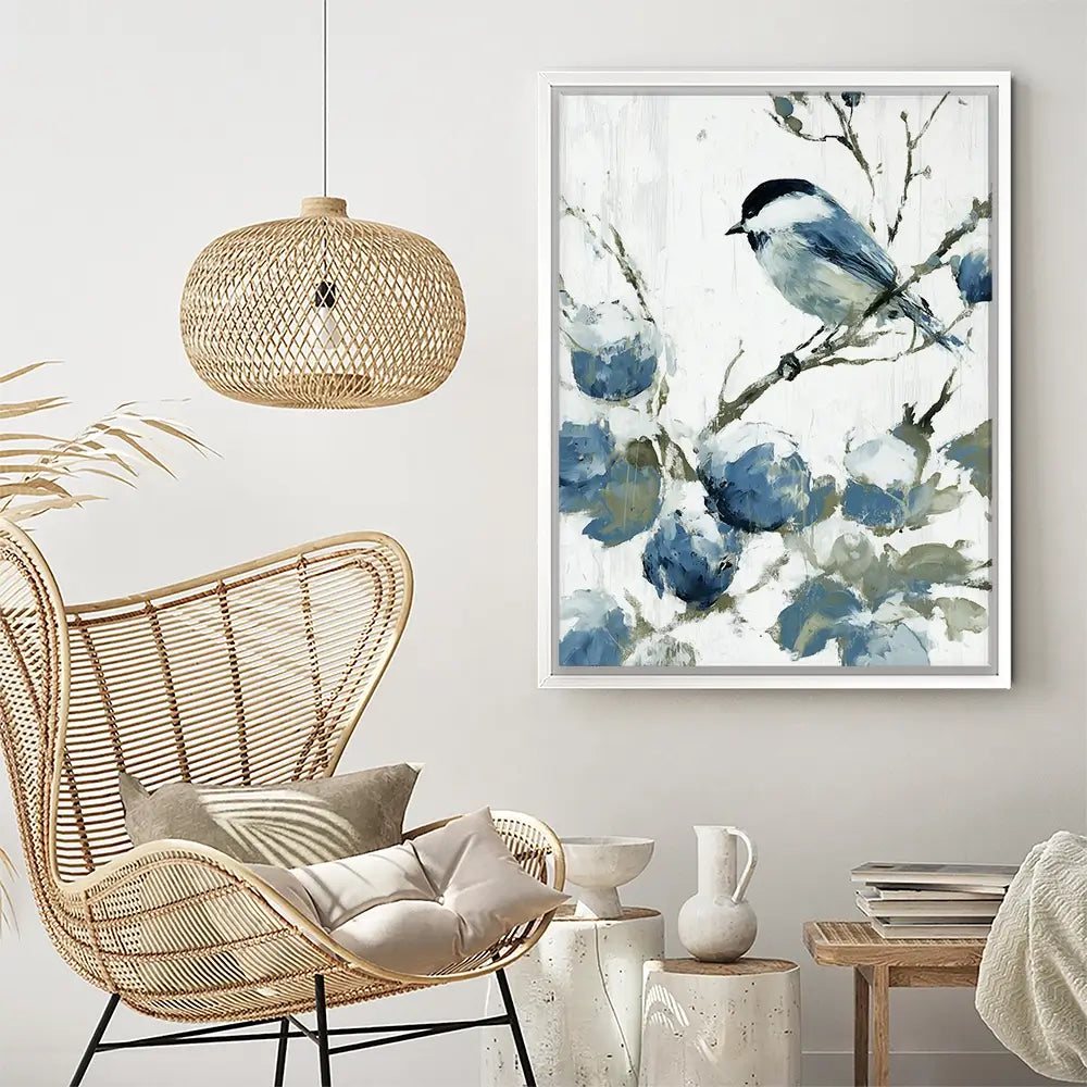 Chickadee Among Soft Blooms Canvas Print Chickadee Among Soft Blooms Canvas Print wall art product Chromatic Storm Studio