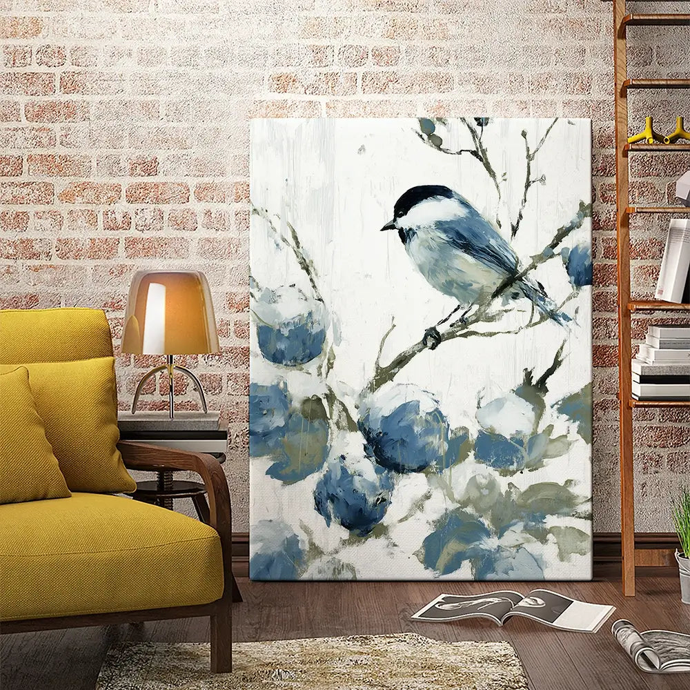 Chickadee Among Soft Blooms Canvas Print Chickadee Among Soft Blooms Canvas Print wall art product Chromatic Storm Studio