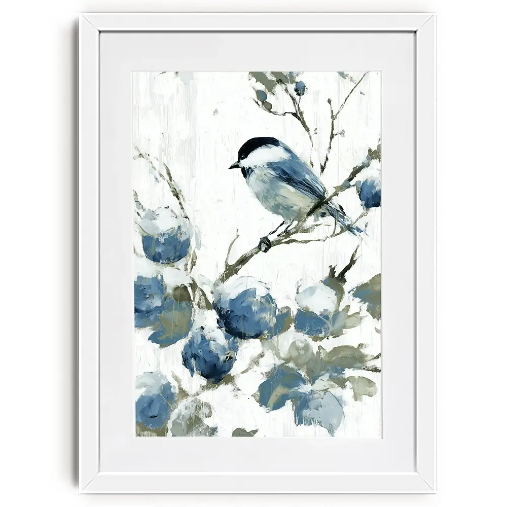 Chickadee Among Soft Blooms Framed Art Print Chickadee Among Soft Blooms Framed Art Print wall art product Chromatic Storm Studio