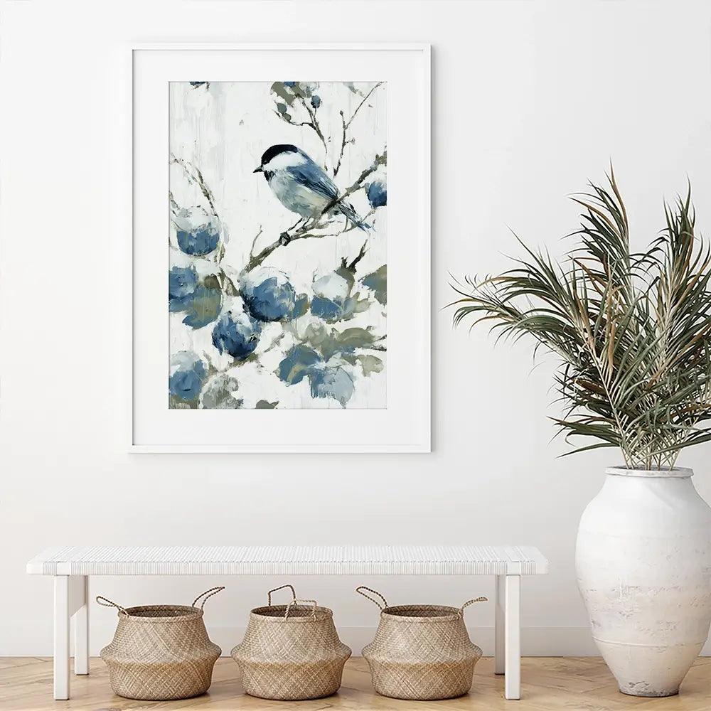 Chickadee Among Soft Blooms Framed Art Print Chickadee Among Soft Blooms Framed Art Print wall art product Chromatic Storm Studio