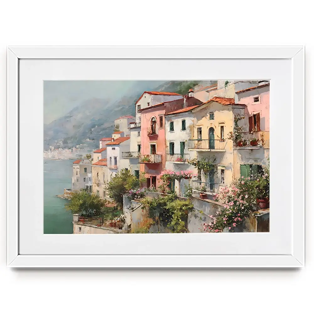 Coastal Italian Village Framed Art Print Coastal Italian Village Framed Art Print wall art product Art by Özge - Independent