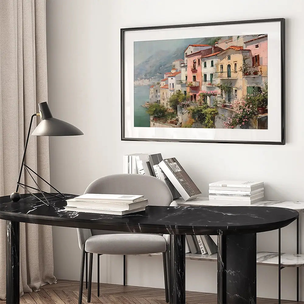 Coastal Italian Village Framed Art Print Coastal Italian Village Framed Art Print wall art product Art by Özge - Independent