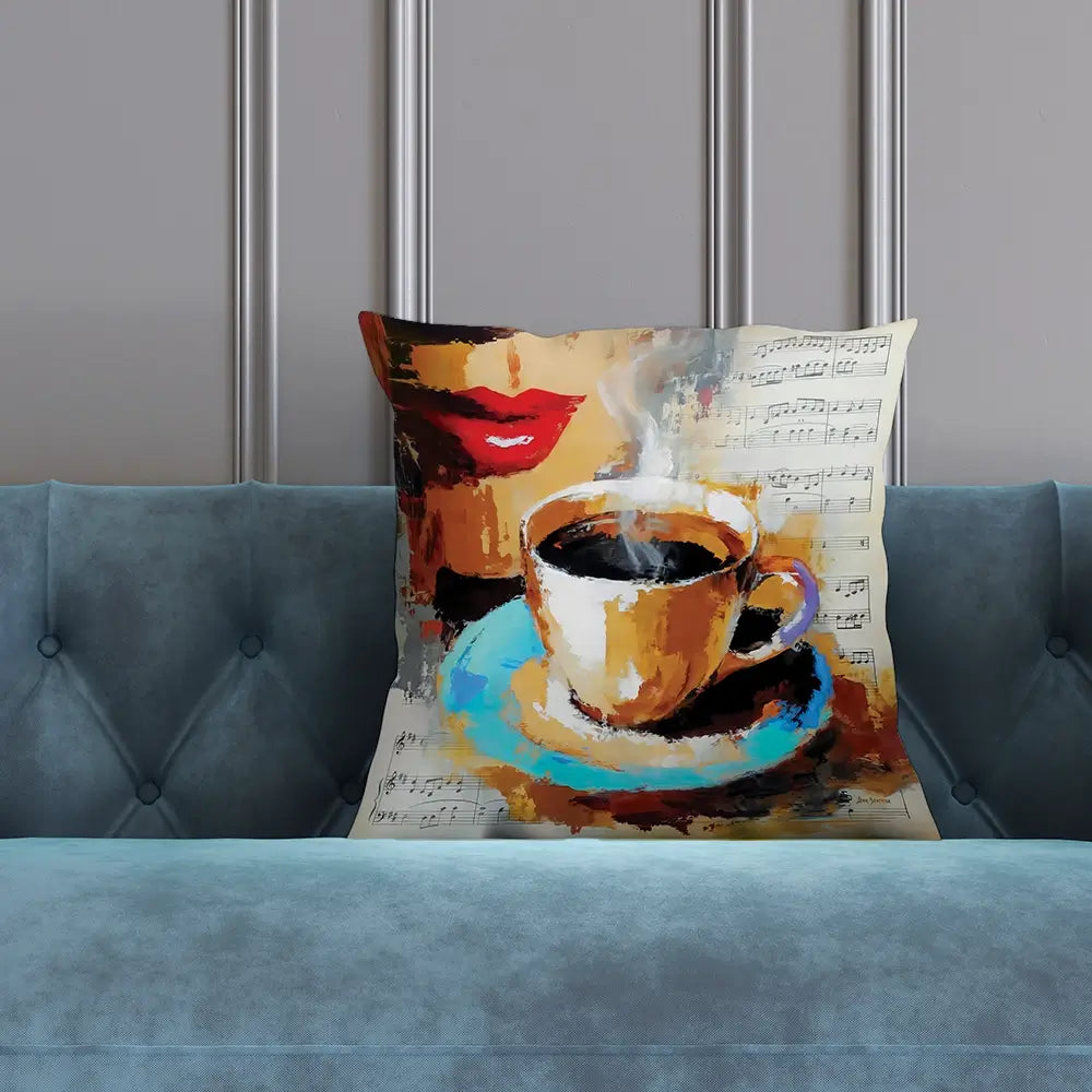 Coffee Cup And Musical Notes Cushion Coffee Cup And Musical Notes Cushion wall art product Leon Devenice