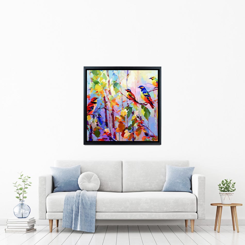Colourful Birds Chirping Square Canvas Print wall art product Leon Devenice