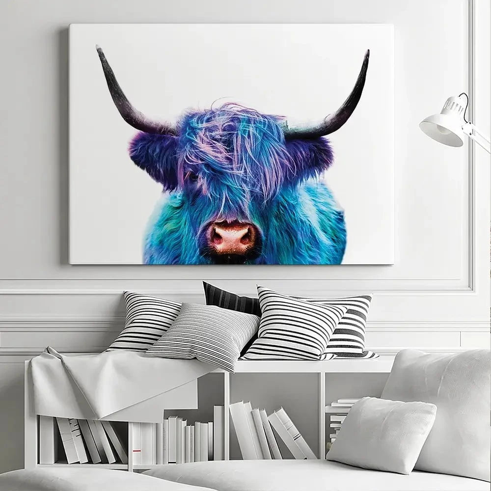 Colourful Blue Highland Cow Canvas Print Colourful Blue Highland Cow Canvas Print wall art product Patricia Chumillas / Shutterstock