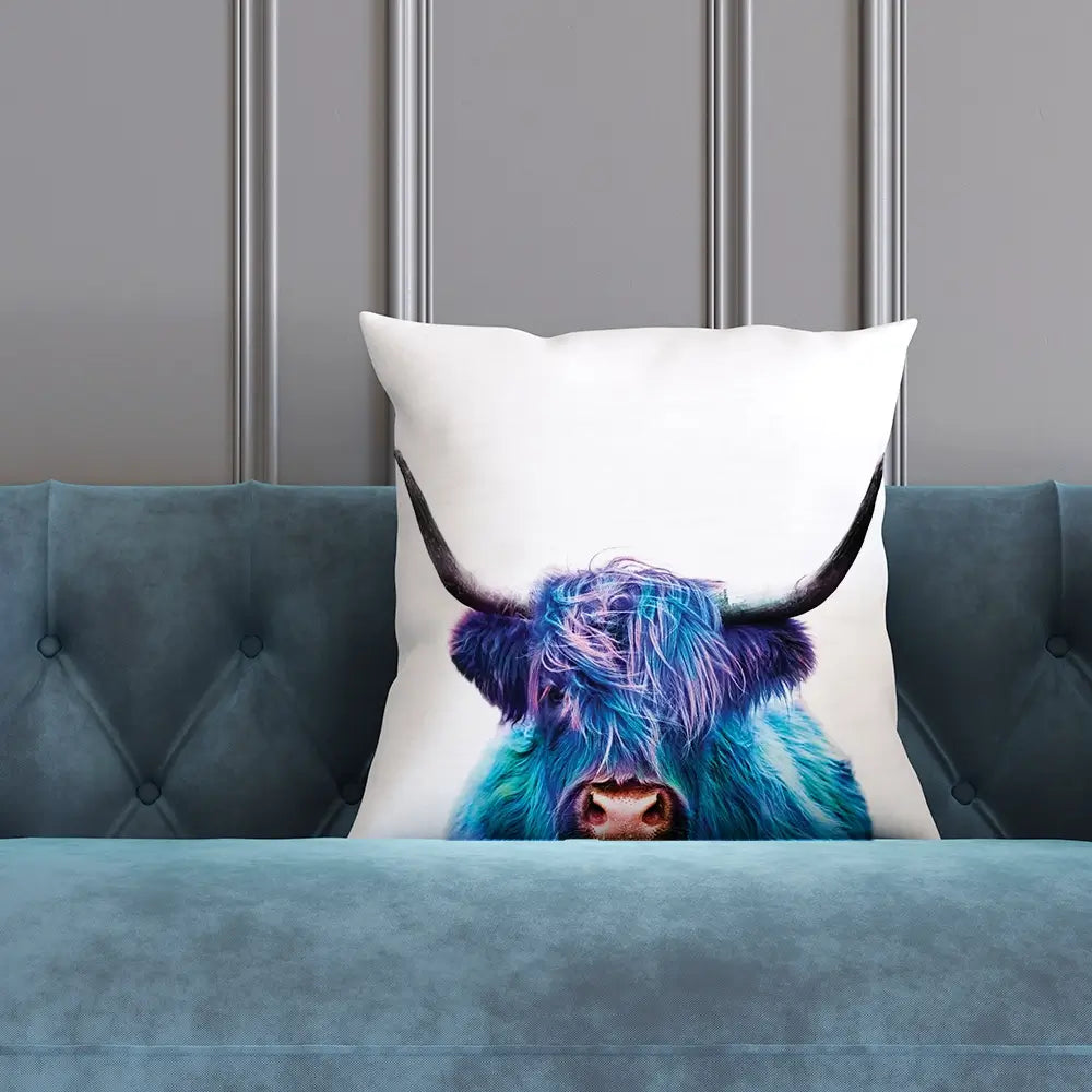 Colourful Blue Highland Cow Cushion Colourful Blue Highland Cow Cushion wall art product Patricia Chumillas / Shutterstock