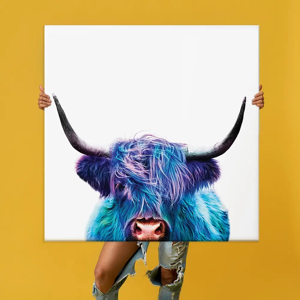 Colourful Blue Highland Cow Oversized Canvas Print Colourful Blue Highland Cow Oversized Canvas Print wall art product Art Print Shop