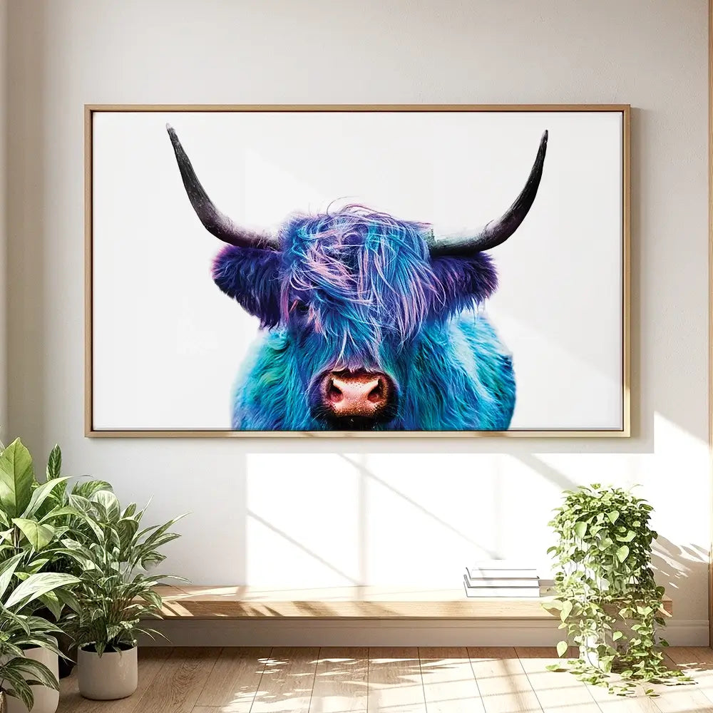 Colourful Blue Highland Cow Oversized Canvas Print Colourful Blue Highland Cow Oversized Canvas Print wall art product Art Print Shop