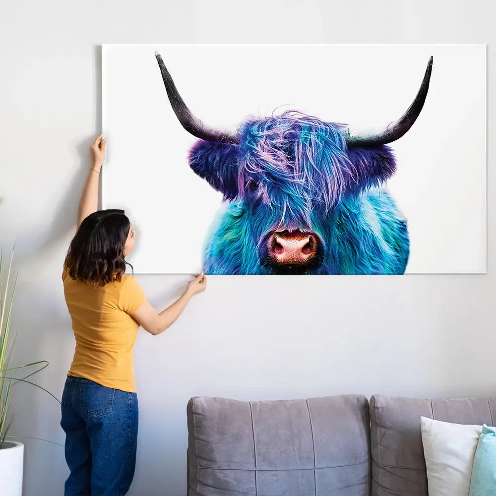 Colourful Blue Highland Cow Oversized Canvas Print Colourful Blue Highland Cow Oversized Canvas Print wall art product Art Print Shop