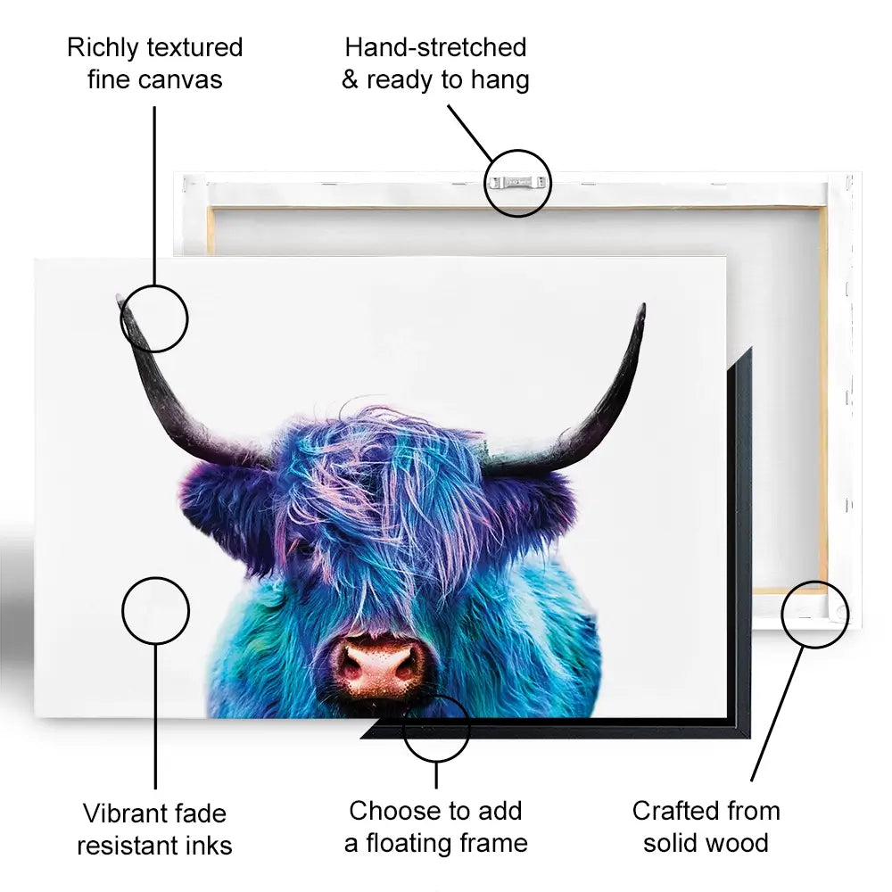 Colourful Blue Highland Cow Oversized Canvas Print Colourful Blue Highland Cow Oversized Canvas Print wall art product Patricia Chumillas / Shutterstock