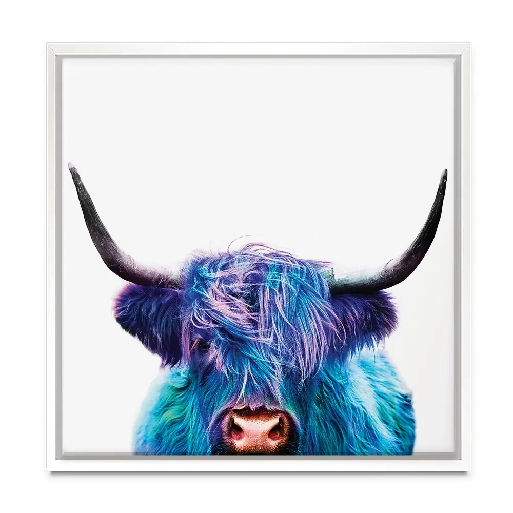 Colourful Blue Highland Cow Square Canvas Print Colourful Blue Highland Cow Square Canvas Print wall art product Patricia Chumillas / Shutterstock